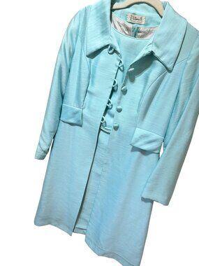 B. Altman & Co Vintage 1960s Robins Egg Blue Silk Dress & Coat Set With Button D